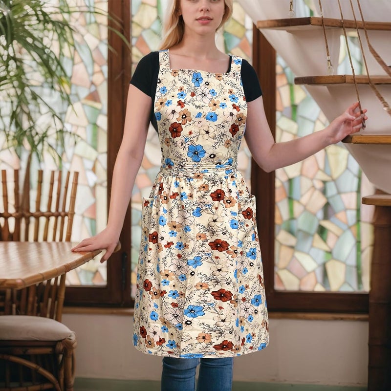 Cityelf Vintage Pinafore Floral Apron Dress with Headscarf Set Adjustable Cross Back with Pocket for Kitchen Baking Gardening - Image 4